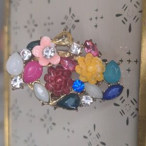 Enamel floral bouquet statement ring pink yellow blue flowers gold tone SZ 8